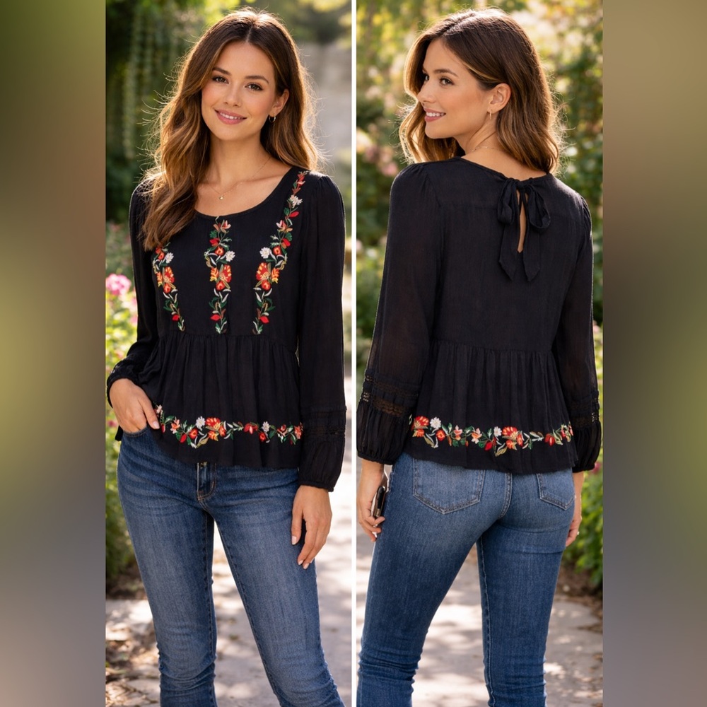 American Eagle| NWOT Blk Floral Embroid Top w/ Lace Sleeve & Keyhole Back Size S